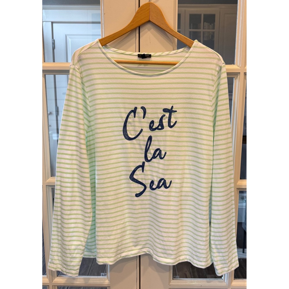 Talbots Plus Mint Green White Striped 'C'est la Sea' Graphic Long Sleeve Tee 1X